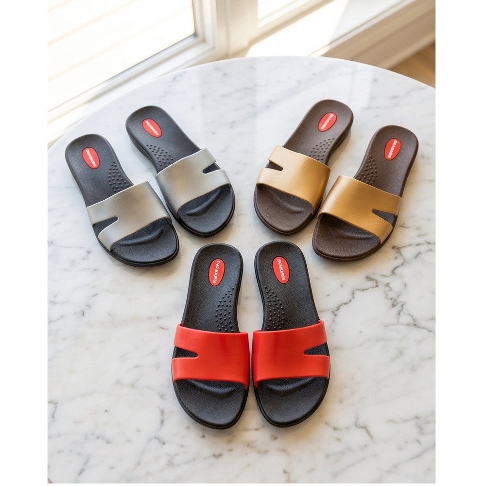 Okabashi Women 7M Lot of 3 Slide Sandals Red Silver Brown Comfort Shoes NEW